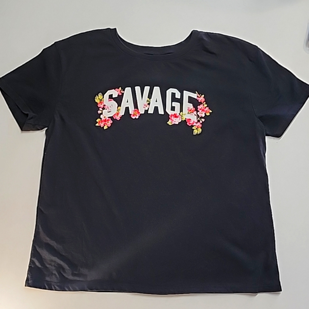 Modern Lux Tee SAVAGE Floral Graphics Top Black Short Sleeves EUC Women Sz Large
